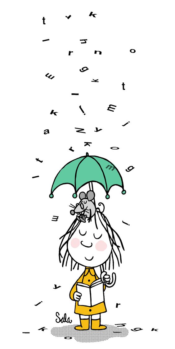 Фото Смешная девочка с мышкой на голове, с книгой в руке под зонтом с падающими буквами в виде дождя