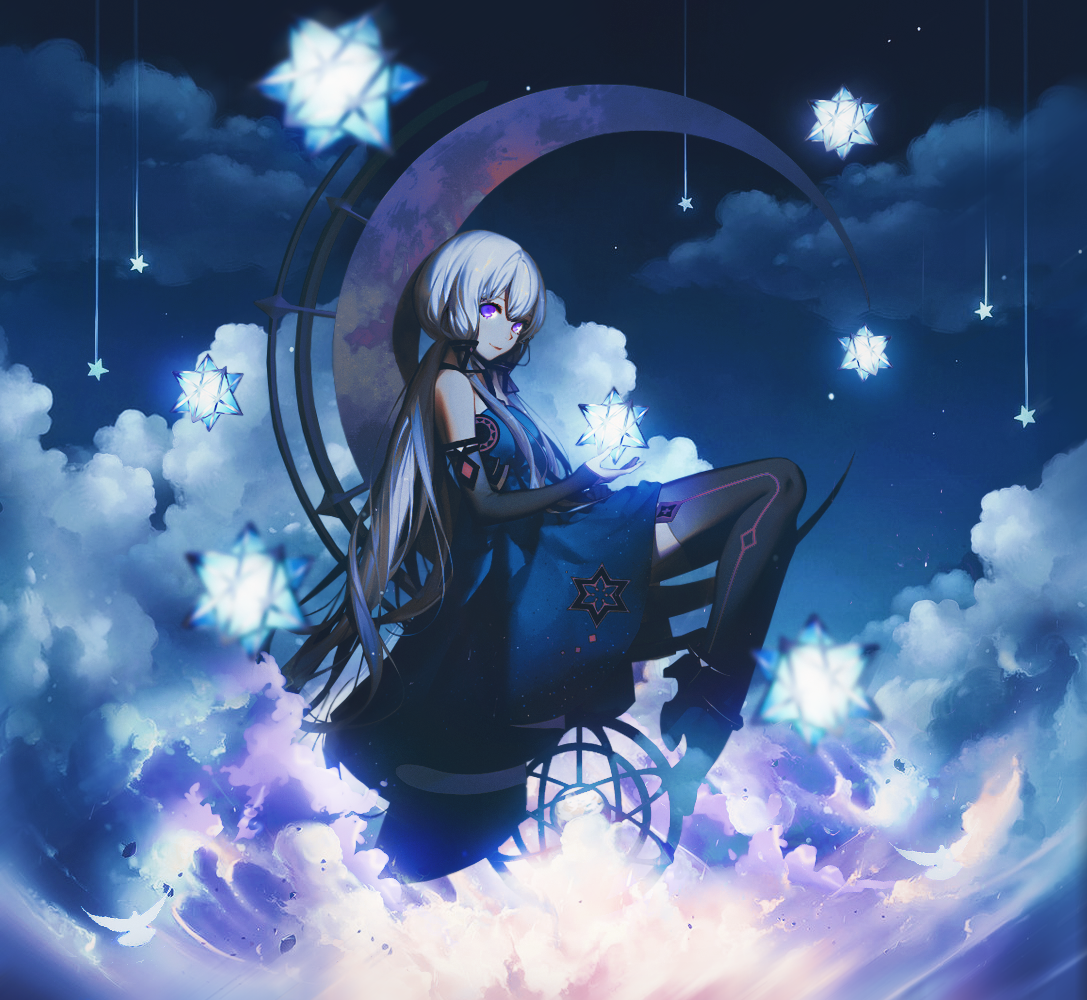Фото Девушка со звездой в руке сидит на полумесяце в небе, by Mitsu-chin