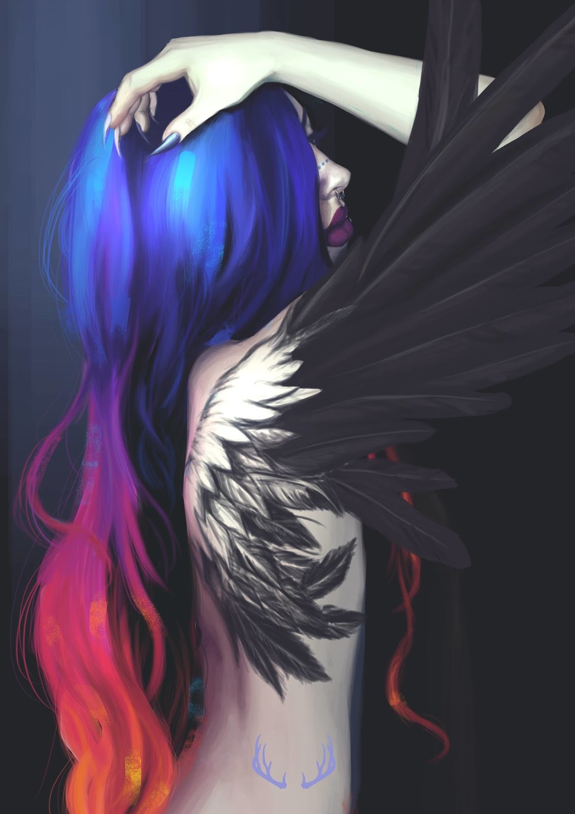 Фото Девушка с цветными волосами, у которой из татуировки на спине растут черные крылья