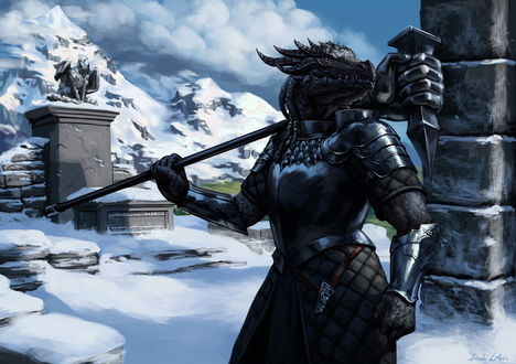 Фото Драконорожденный в доспехах и с оружием на плечах / арт на игру The Elder Scrolls V: Dragonborn, by Darantha