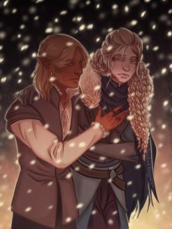 Фото Светловолосая девушка и мужчина эльф под снегом / арт на игру Dragon Age, by tainted-knight