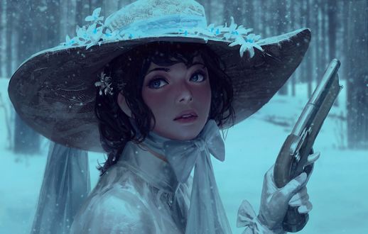 Фото Девушка в шляпе с пистолетом в руке, by GUWEIZвЂЏ