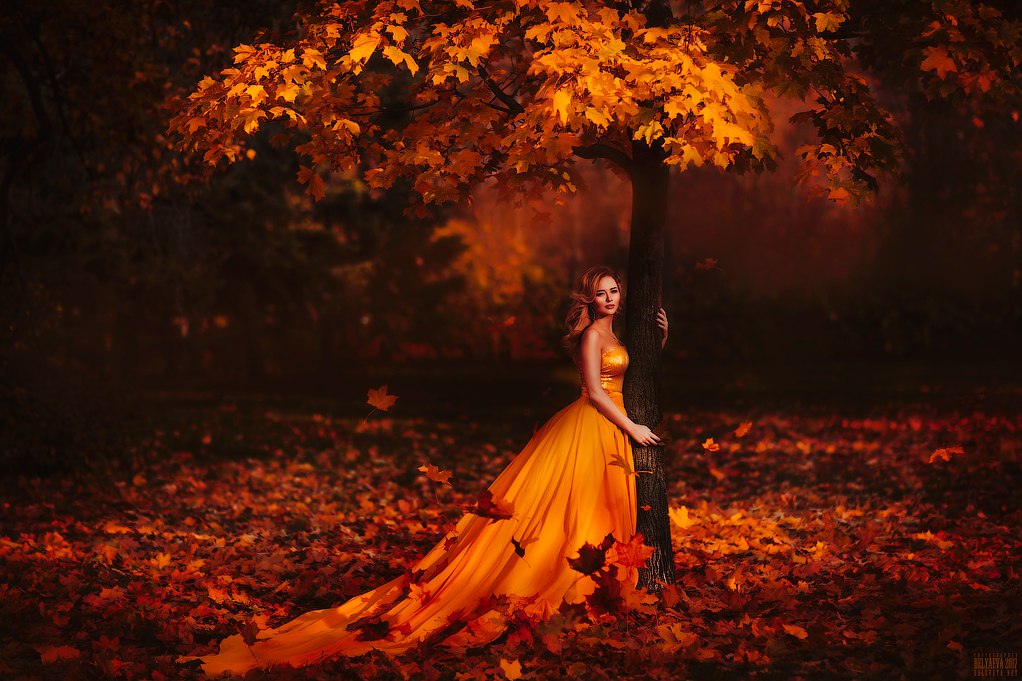 Фото Девушка в длинном платье стоит у осеннего дерева, фотограф Светлана Беляева