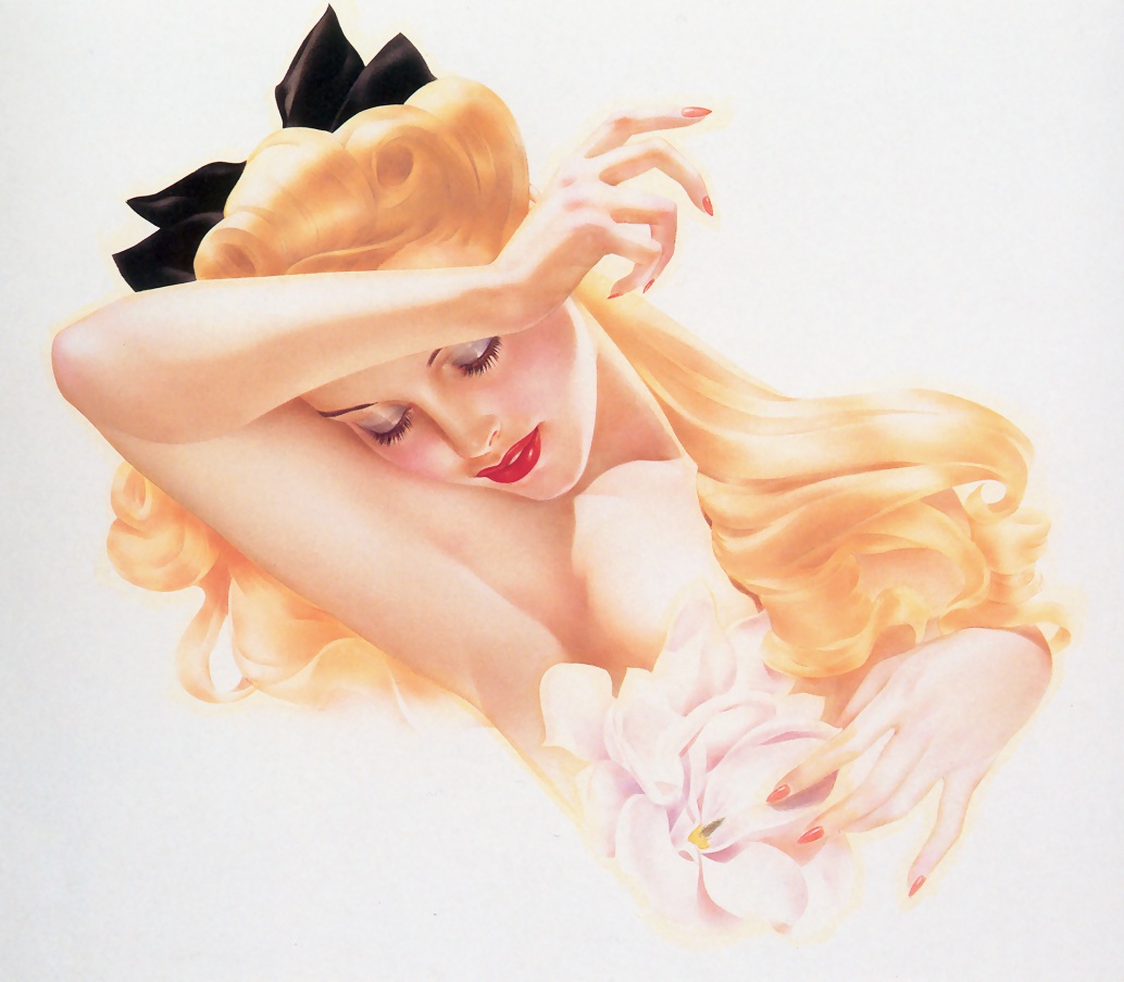 Фото Блондинка в стиле pin-up с закрытыми глазами, art by Alberto Vargas