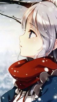 Фото Сакуя Идзаей / Sakuya Izayoi из серии игр и аниме Тохо / Touhou Project в красном шарфе под снегопадом