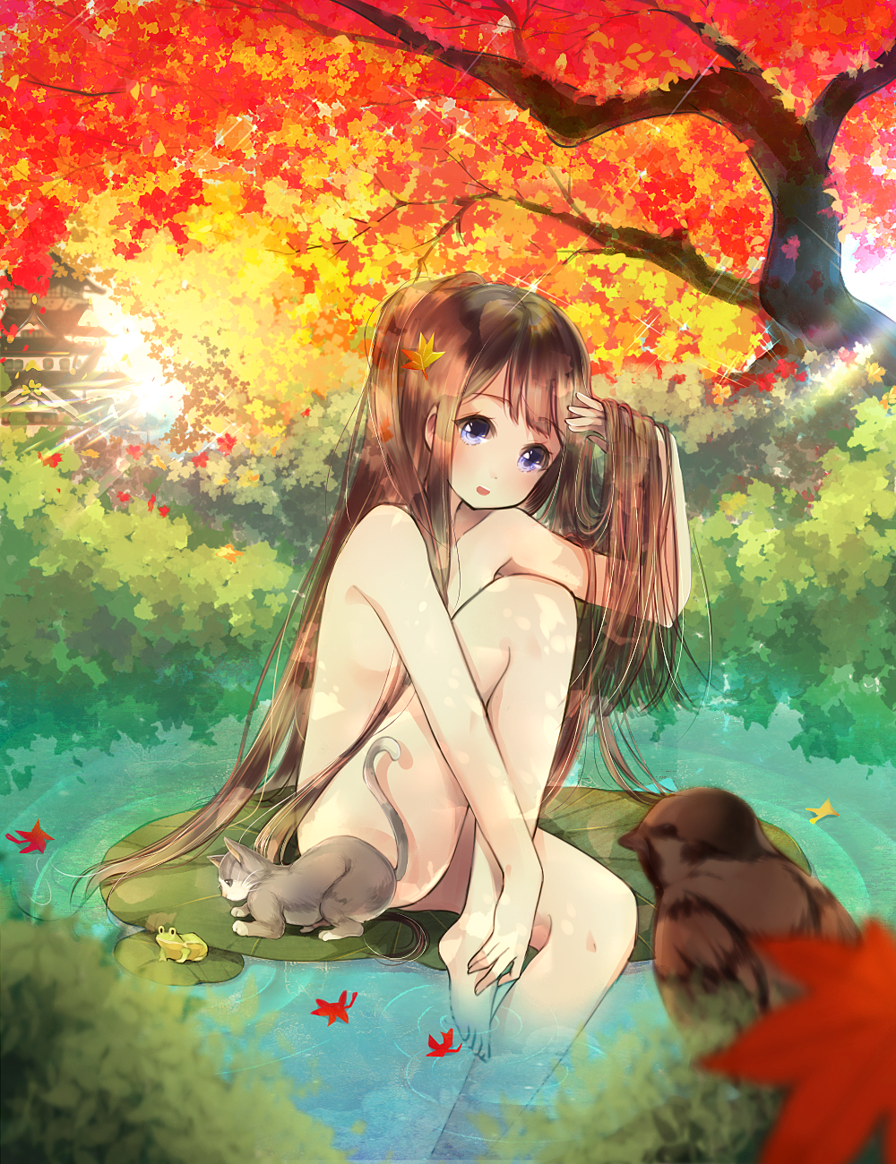 Фото Обнаженная девочка с длинными волосами сидит на листе кувшинки в пруду под осенним деревом с опадающими красными листьями, рядом котенок смотрит на лягушку, из кустов выглядывает птичка