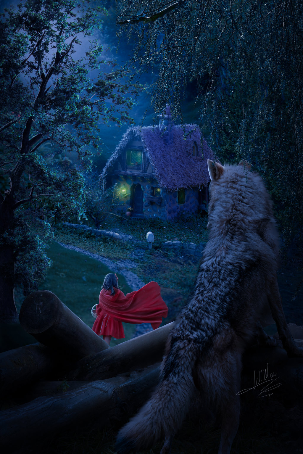 Фото Волк смотрит на Красную Шапочку, идущую по тропинке к дому бабушки, by Energiaelca1