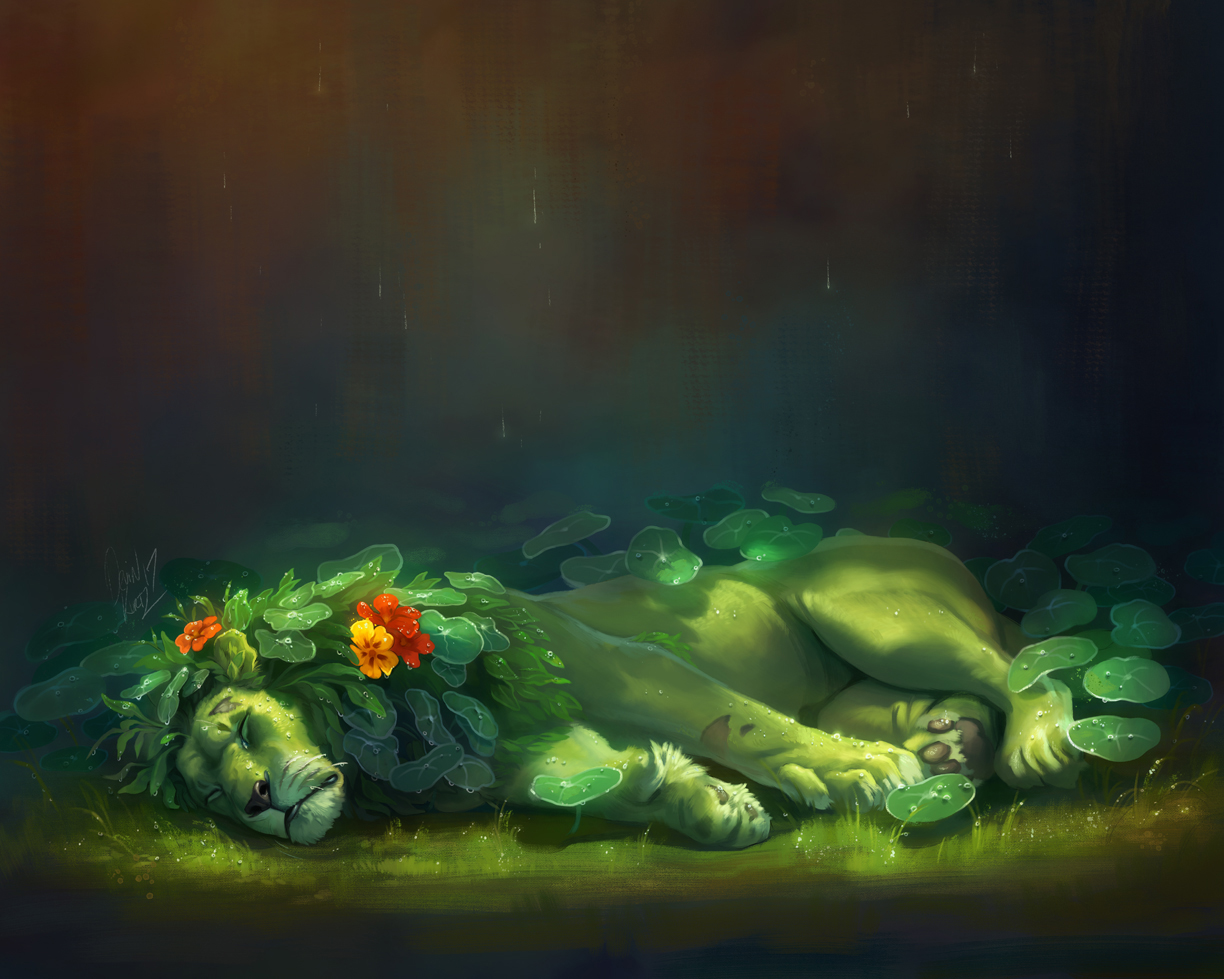Фото Спящий лев с цветами на голове, by TamberElla