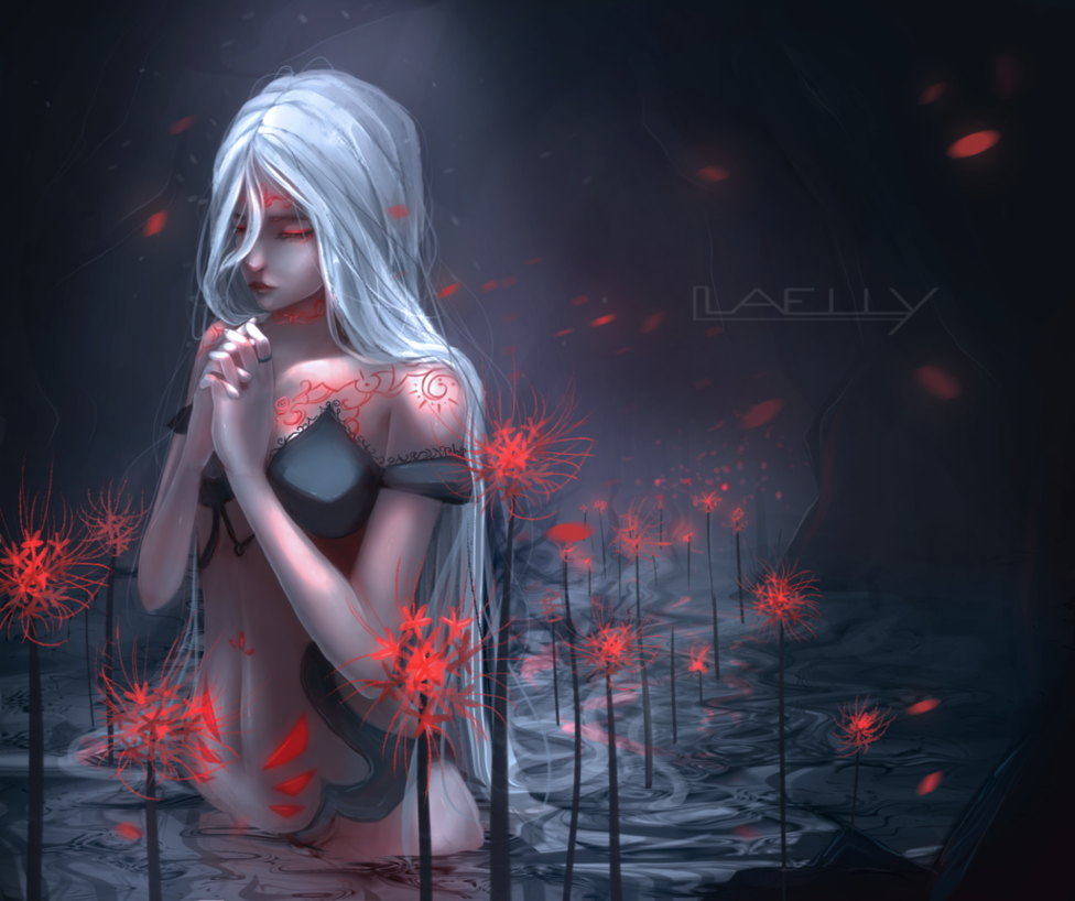 Фото Длинноволосая белокурая девушка стоит в воде среди красных ликорисов, by Laelly-EL