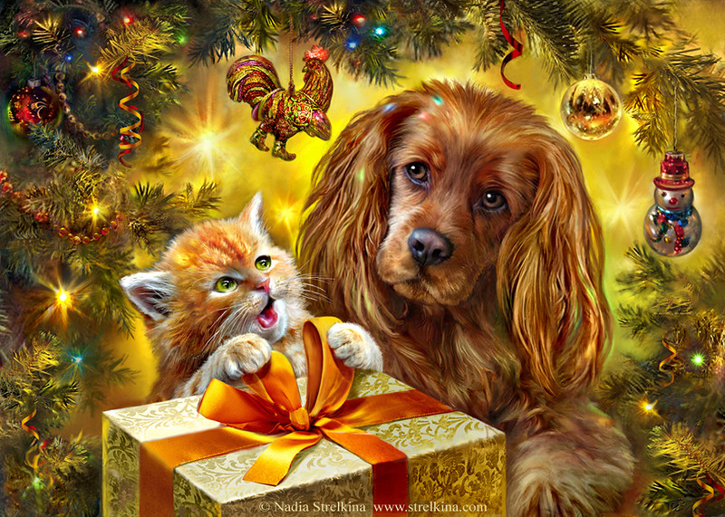 Фото Щенок и котенок сидят под новогодней елью возле подарка, by Nadia Strelkina