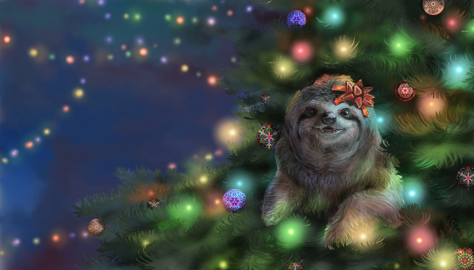 Фото Ленивец с бантиком на голове сидит в новогодней елке, by Irbisty