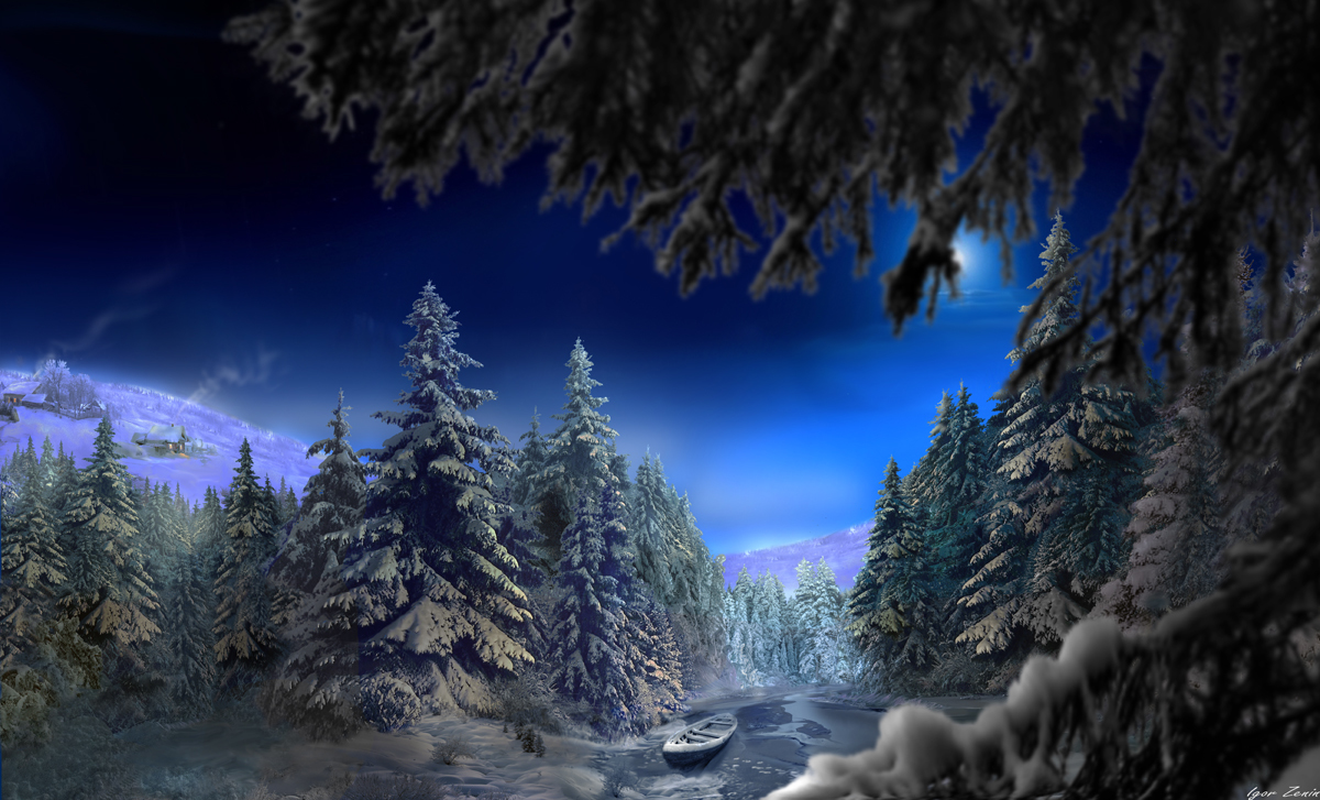 Зимние ели под ночным небом, работа Лунная долина, фотограф Igor Zenin