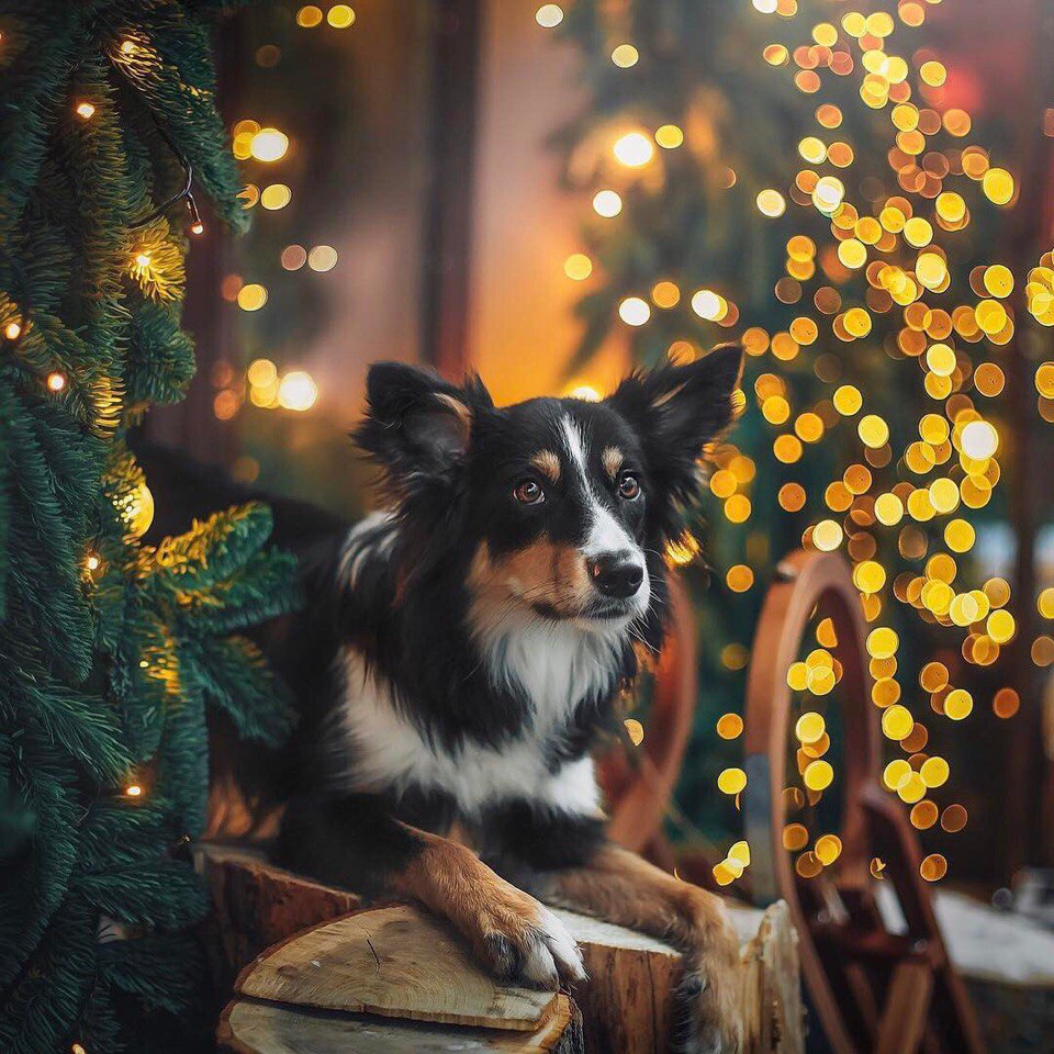 Фото Собака породы бордер-колли возле елки на фоне боке