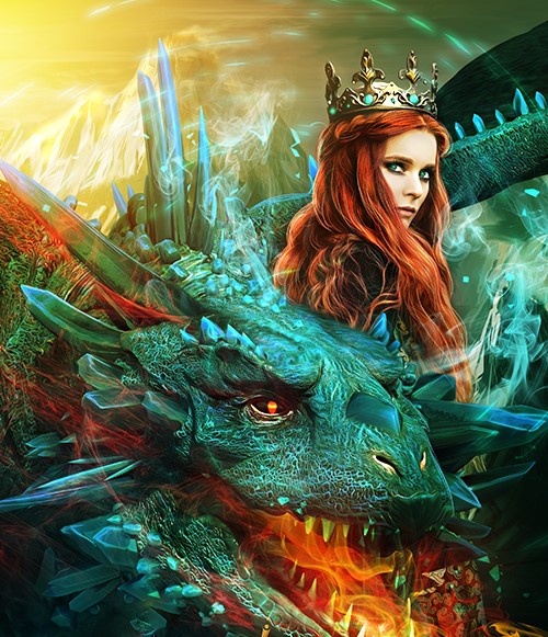 Фото Зеленоглазая девушка с рыжими волосами в короне, рядом с огнедышащим драконом, by moonchild-ljilja