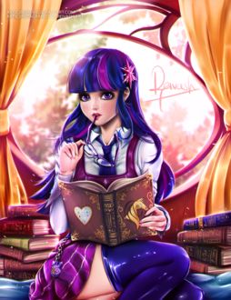 Фото Твайлайт Спаркл / Twilight Sparkle в образе девушки, читает книгу из мультсериала Мой маленький пони / My little pony, by Reivash