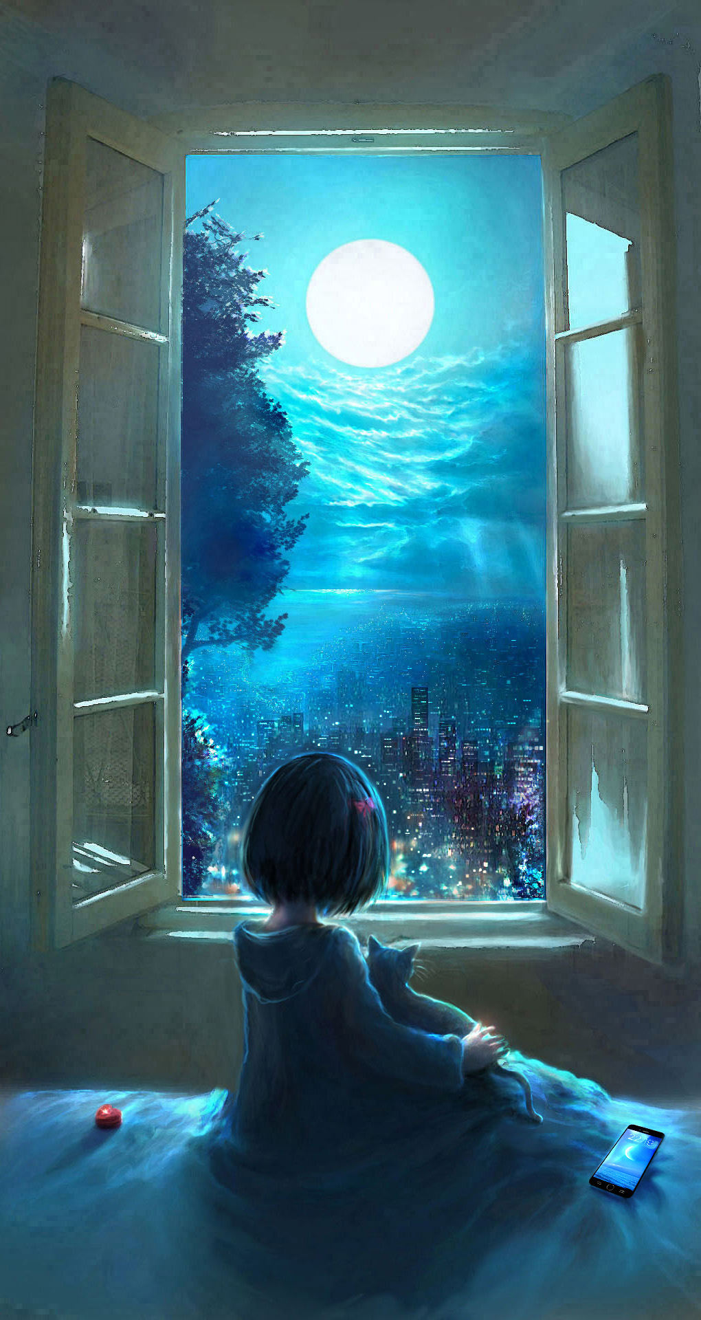 Фото Девочка с кошкой смотрят в окно на ночной город, by 00