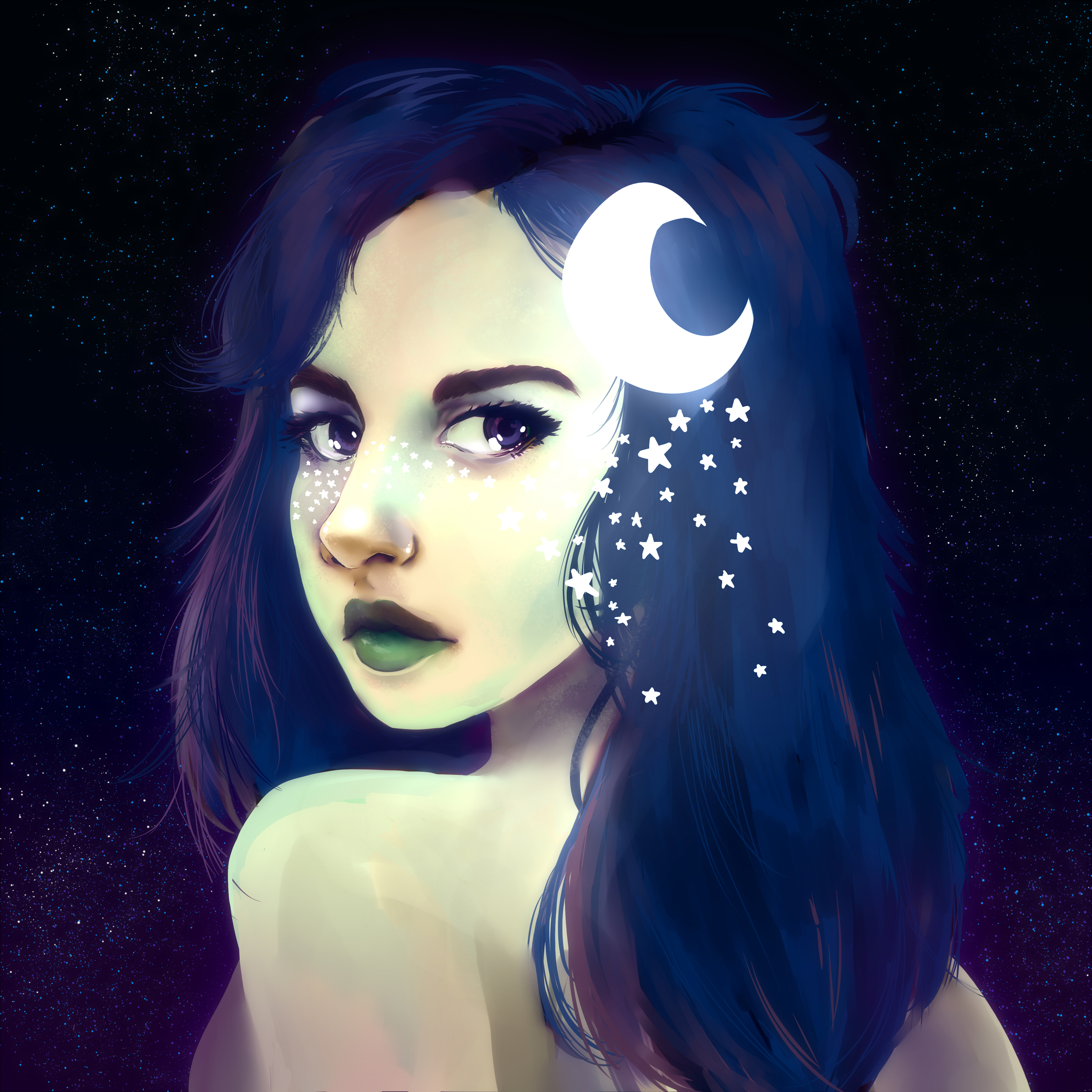 Луна на лбу. Девушка-Луна. Космический портрет девушки. Девушка с луной на лбу. Девушка волосы Луна.