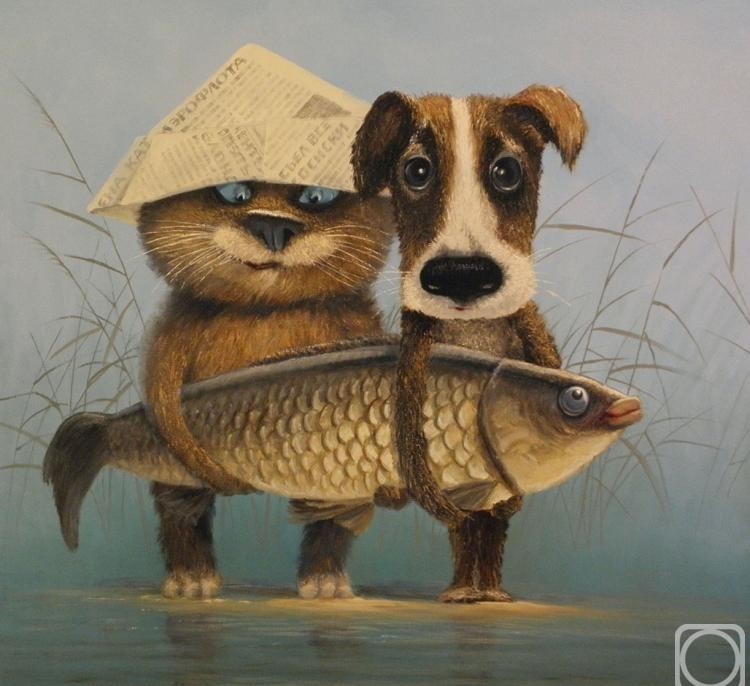 Фото Пес и кот держат рыбу, художник Андрей Репников