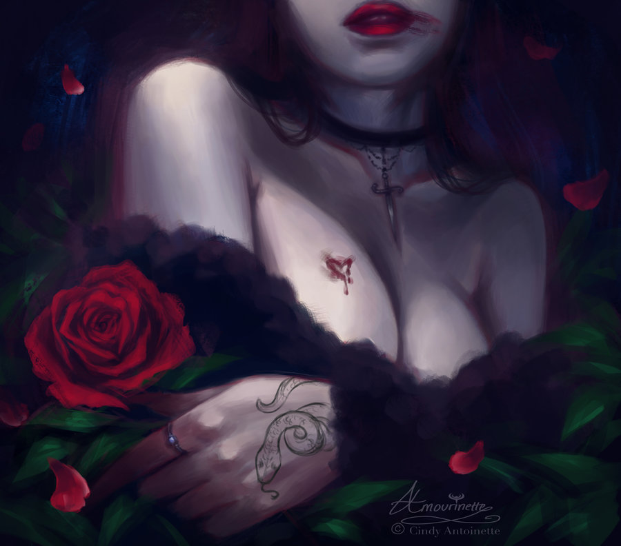 Фото Девушка с размазанной красной помадой с сердцем на груди, держит в руке с татуировкой в виде змеи красную розу, by Amourinette