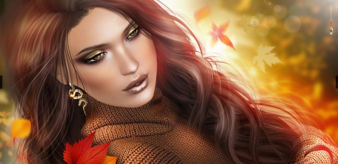 Фото Девушка с длинными волосами стоит среди падающих осенних листьев, в ухе у нее сережка в форме змеи (© zmeiy), добавлено: 13.01.2018 21:51