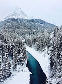 Фото Река протекает у подножия горы среди снежного леса (© StepUp), добавлено: 23.01.2018 11:34