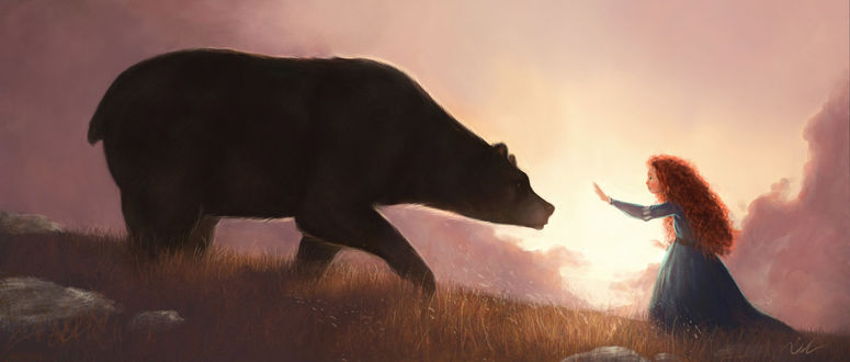 Фото Merida / Мерида из мультфильма Храбрая сердцем / Brave стоит перед медведем, by maxbat (© zmeiy), добавлено: 23.01.2018 19:37