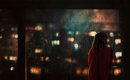Фото Девушка стоит перед окном, за которым ночной город под дождем, by BaxiaArt (© zmeiy), добавлено: 24.01.2018 20:32