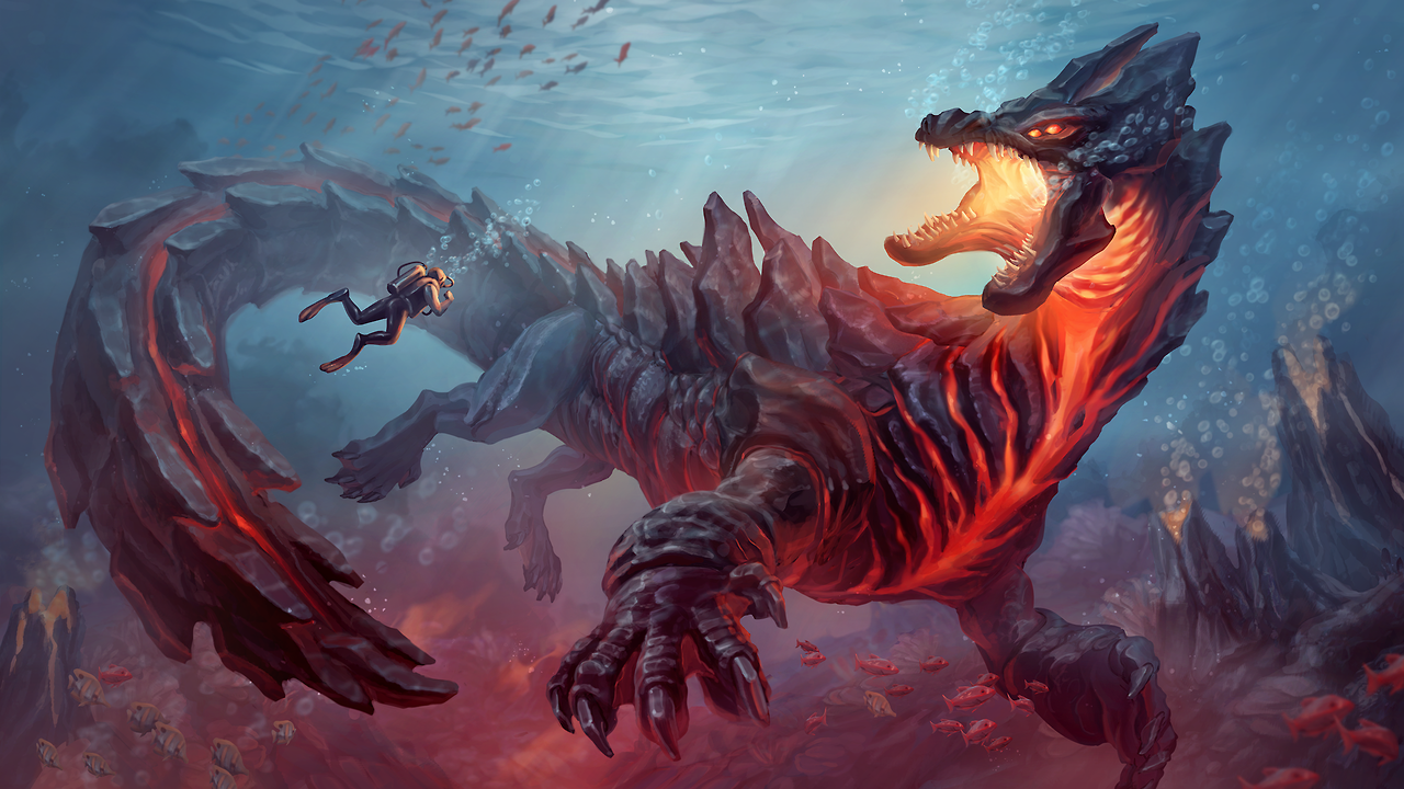 Фото Огромный дракон вот-вот сожжет своим пламенем аквалангиста под водой