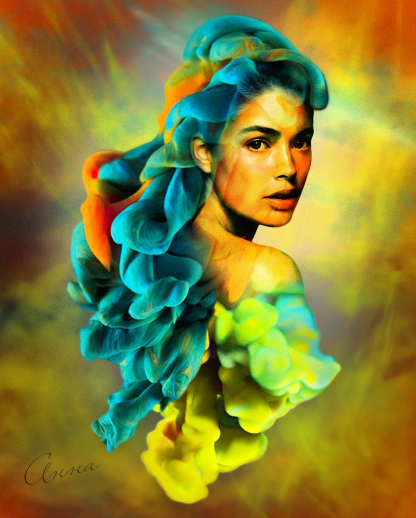 Фото Девушка созданная из краски добавленной в воду, абстракция, фантазия, стиль Альберто Севесо
