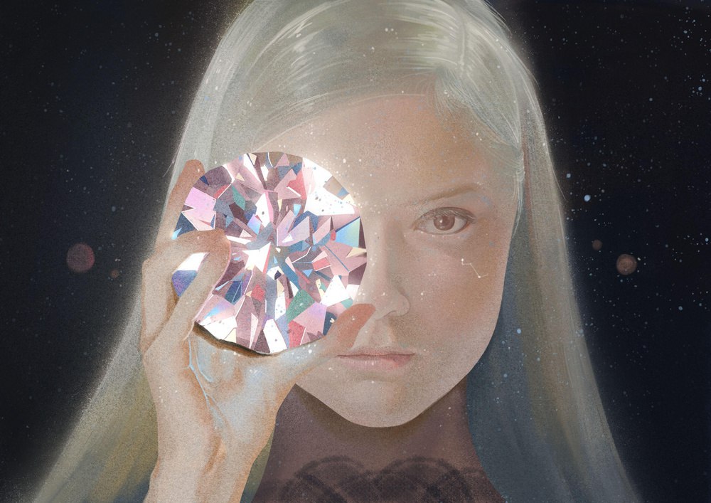 Фото Белокурая девушка с огромным алмазом в руке, в звездном небе, art by zhongxiayou