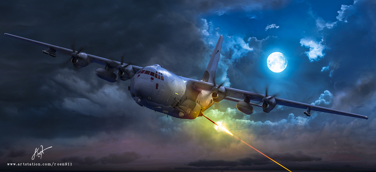 Фото Выстрел из самолета AC-130J Ghostrider в ночном лунном небе, by rOEN911