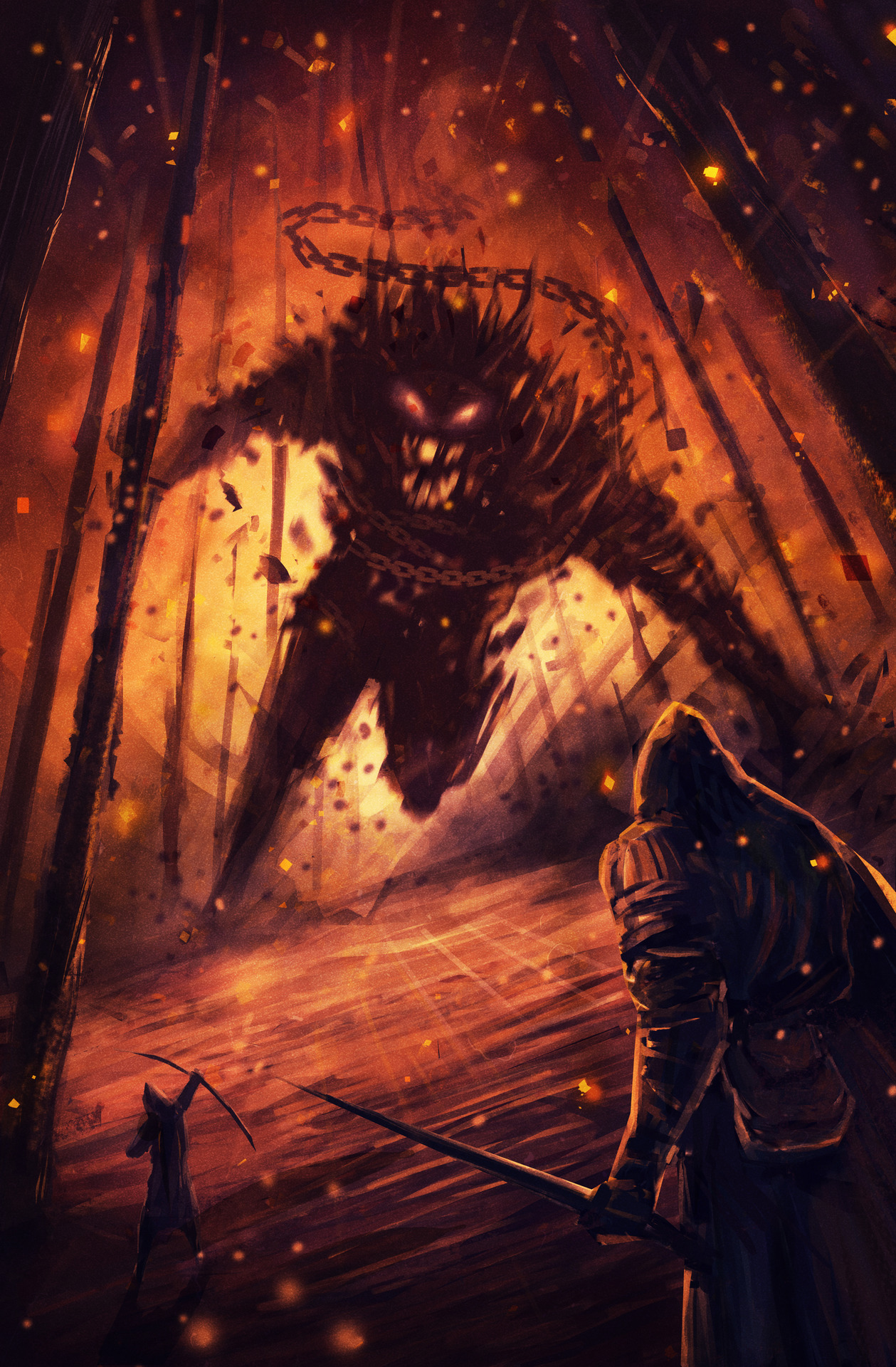 Фото Огромный монстр в цепях выбегает из горящего леса в направлении двух воинов с луком и мечом
