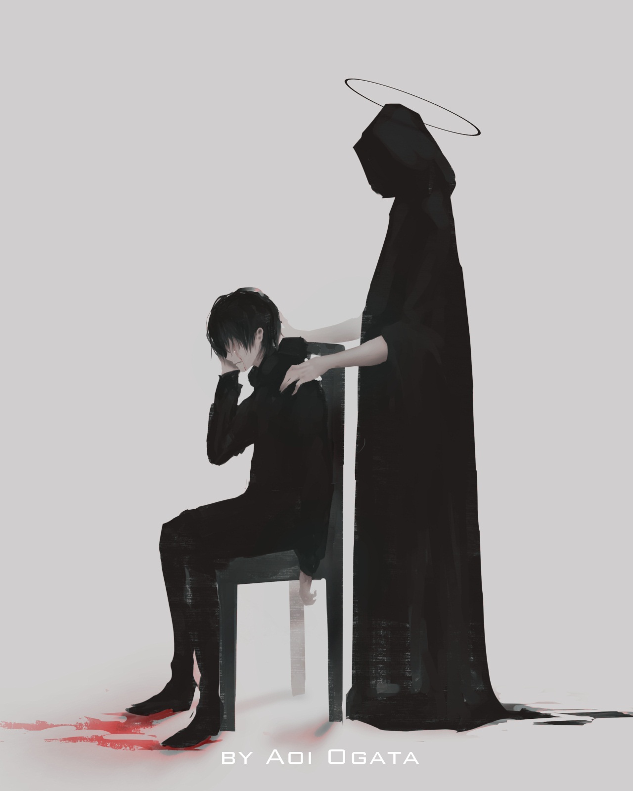 Фото Позади плачущего парня, сидящего на стуле, стоит смерть, by Aoi Ogata