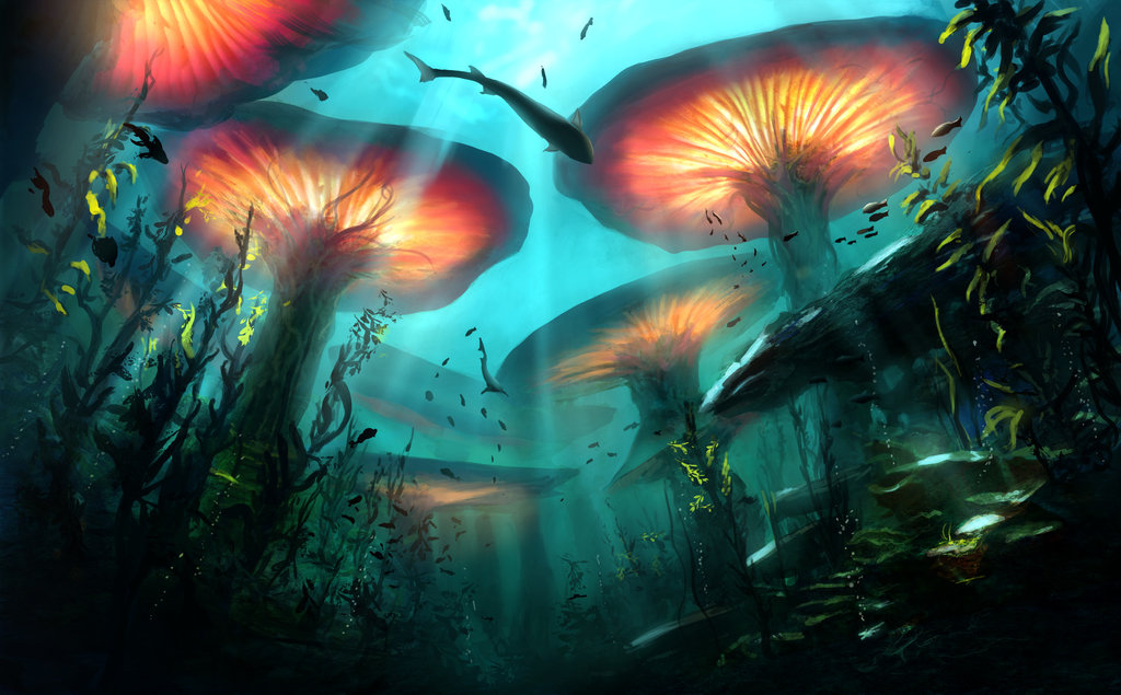 Фото Сказочные огромные грибы в лесу под водой, by artlatkowski