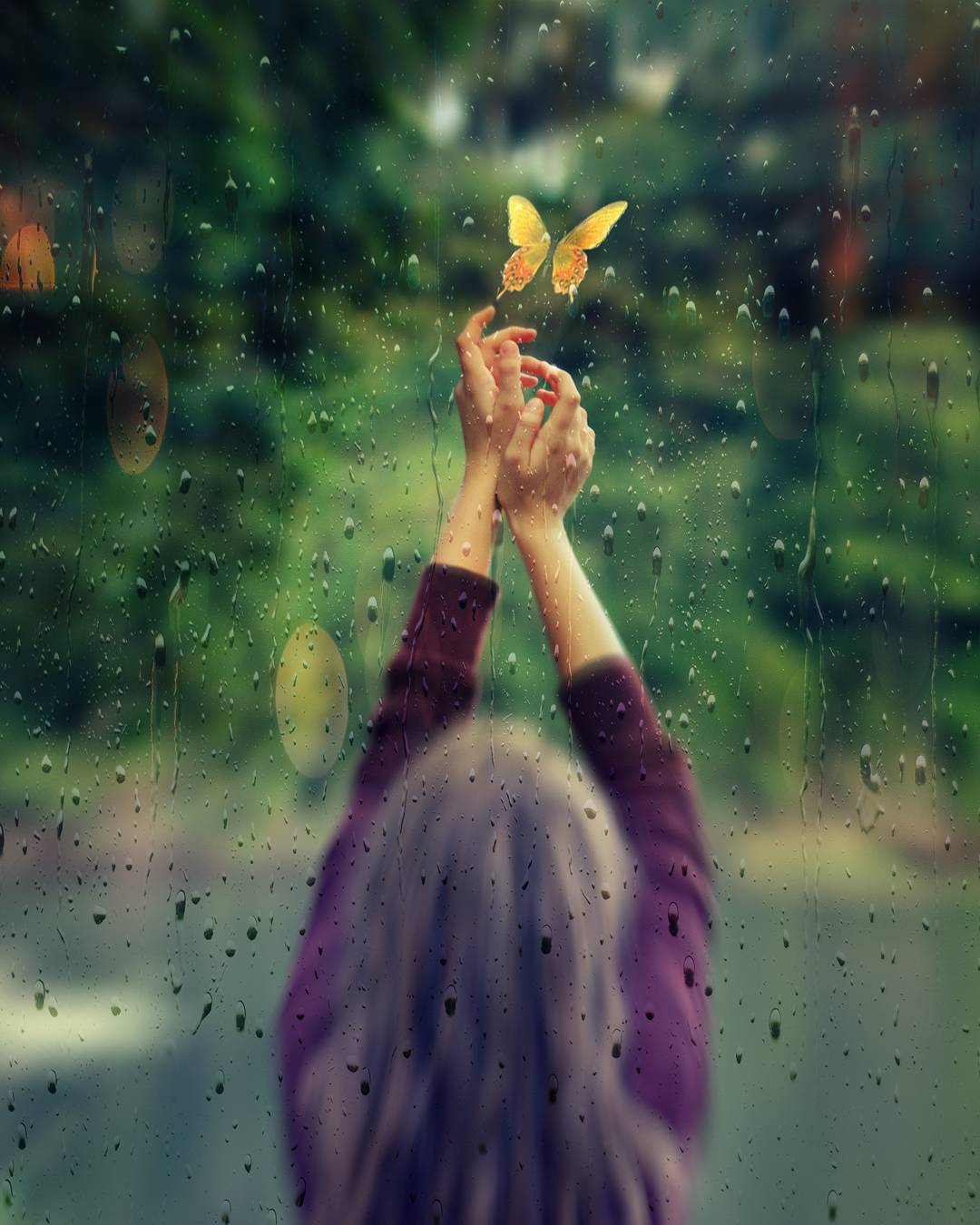 Фото Девушка стоит за окном в каплях дождя и подняла руки к бабочке