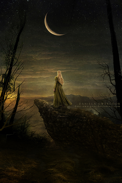 Фото Девушка стоит на фоне ночного неба с месяцем, by Dani-Owergoor