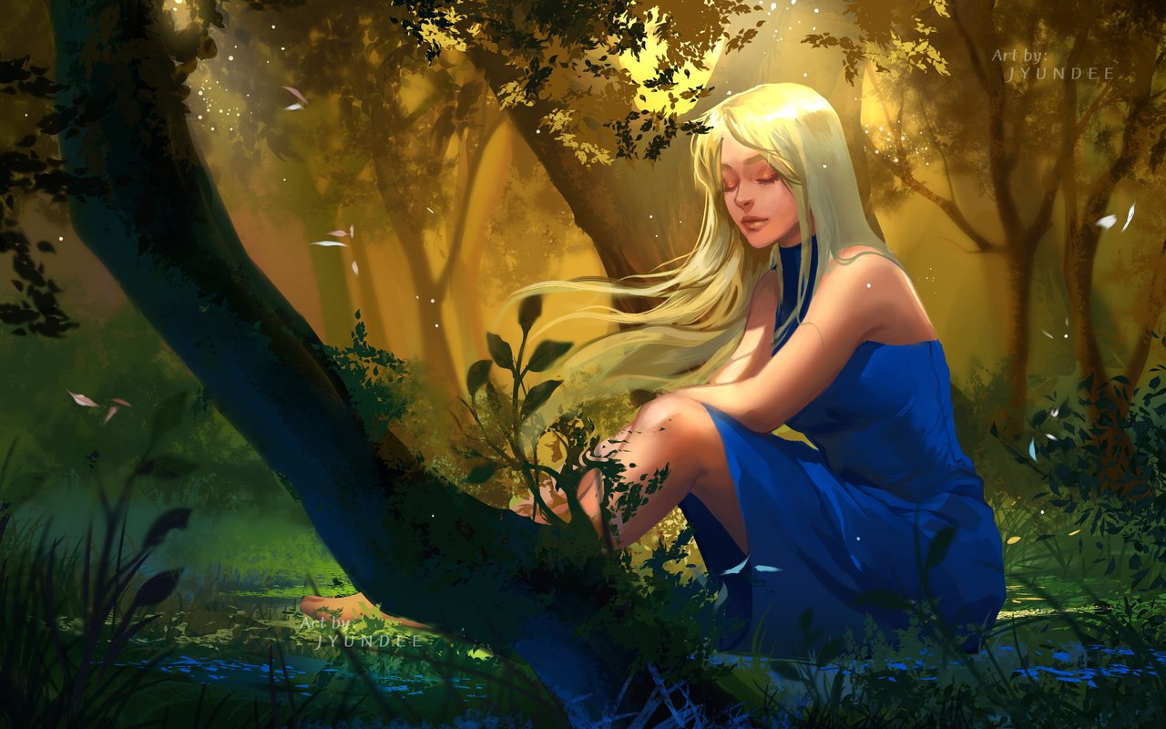 Фото Девушка в голубом платье сидит у дерева, by Jyundee
