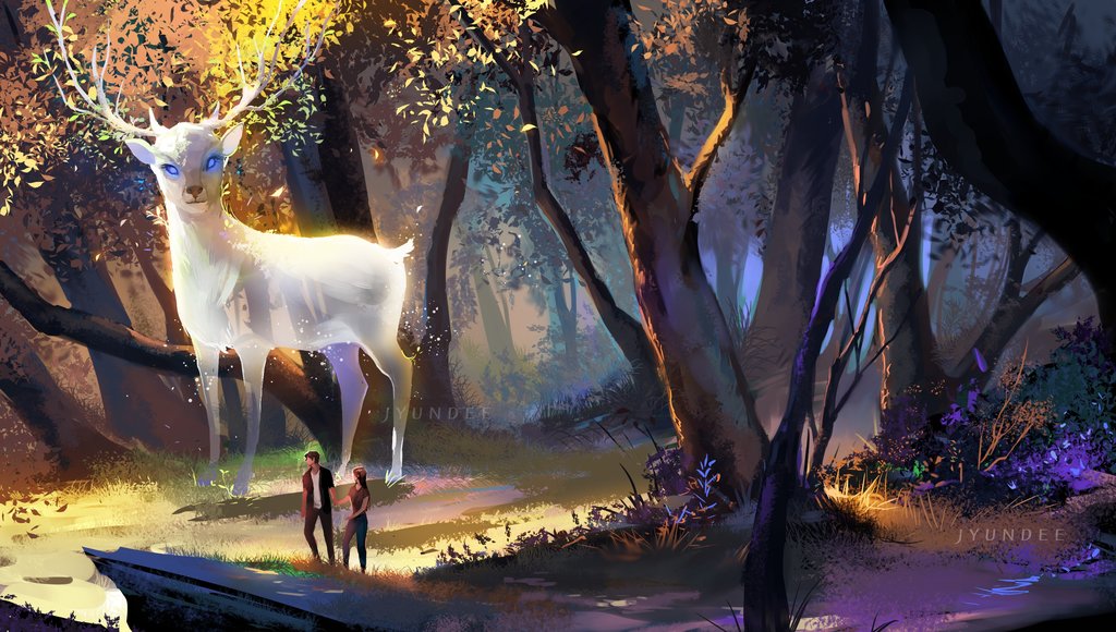 Фото Парень с девушкой стоят в лесу с огромным белым оленем, by Jyundee