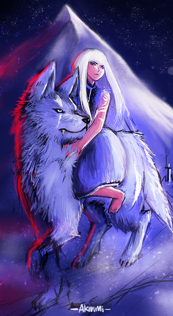 Фото Светловолосая девушка сидит верхом на белом волке, by Akiuumi