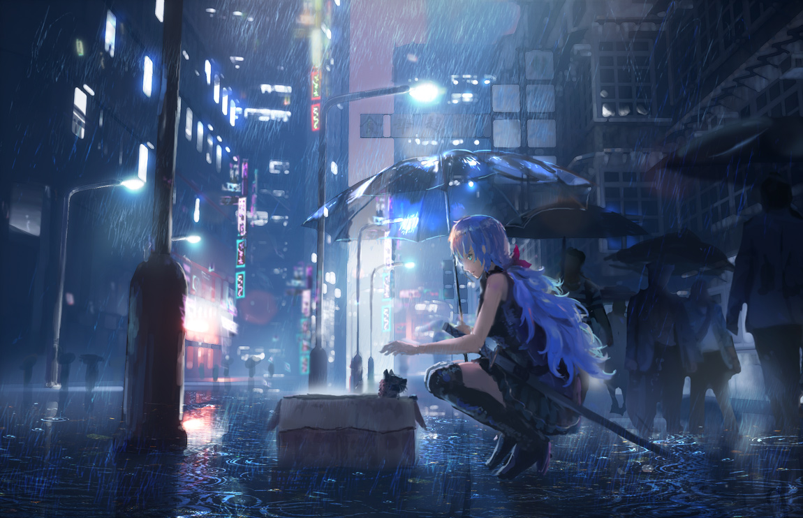 Фото Девушка сидит перед кошкой, выглядывающей из коробки, на улице ночного дождливого города