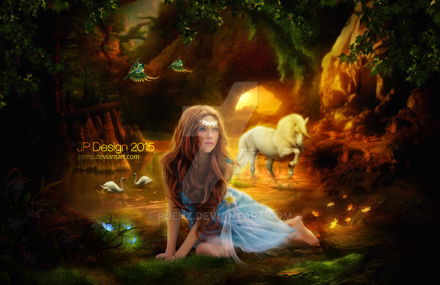 Фото Девушка в сказочном лесу на фоне лошади, лебедей и птиц, Lost Princess / Пропавшая Принцесса, by pjenz