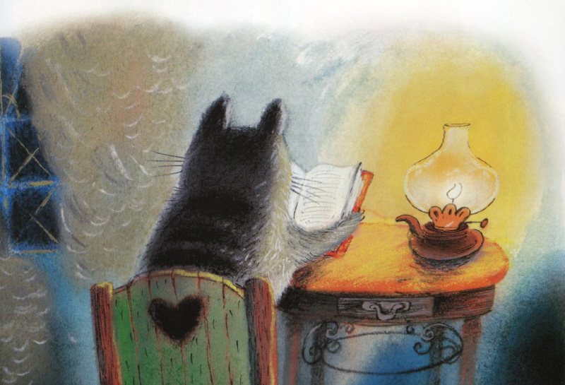 Фото Кот при свете керосиновой лампы читает книгу, рисунок Дианы Лапшиной