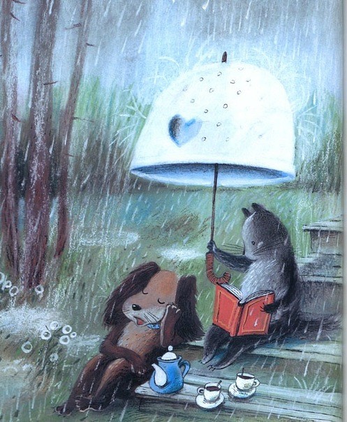 Фото Кот с собакой устроили чаепитие под дождем, прикрываясь большим зонтом