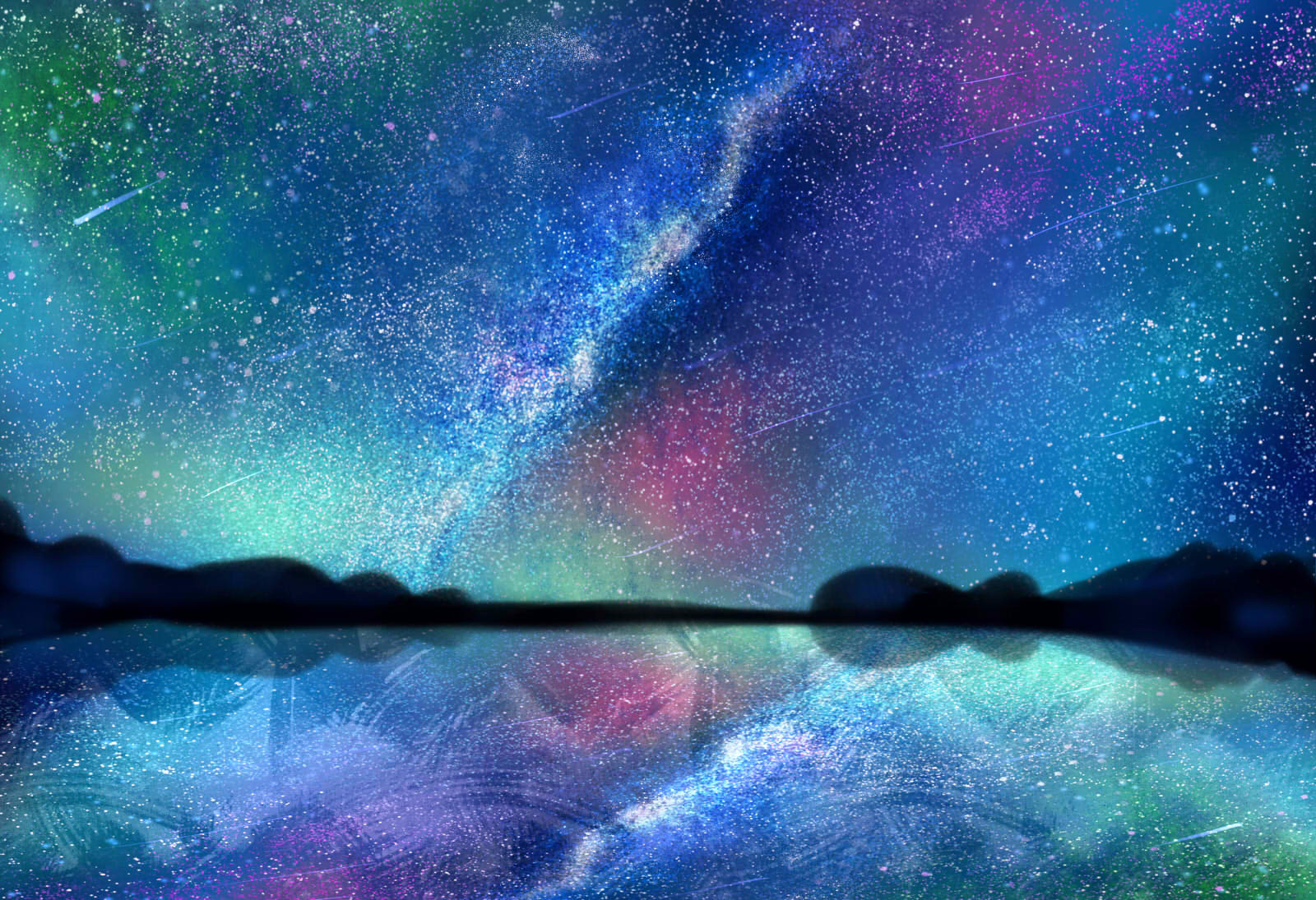Фото Разноцветное звездное небо над водоемом, by wy