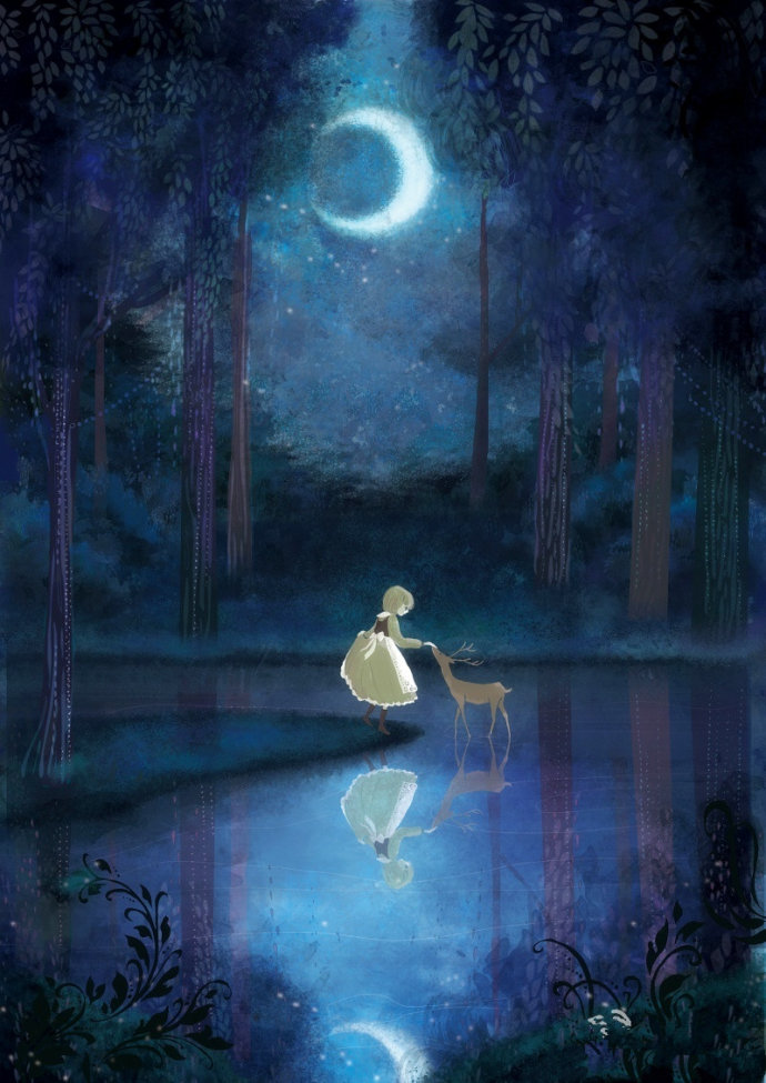Фото Девочка в волшебном лесу, освещенном лунным светом, гладит грациозную лань