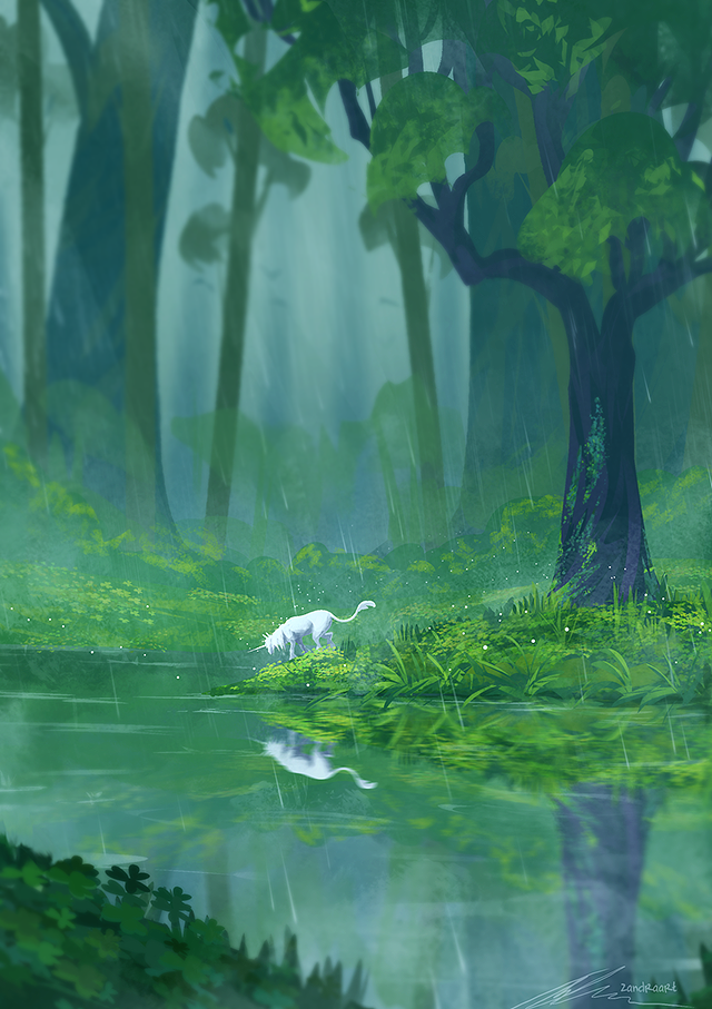 Фото Белый единорог пьет воду из ручья в лесу под дождем