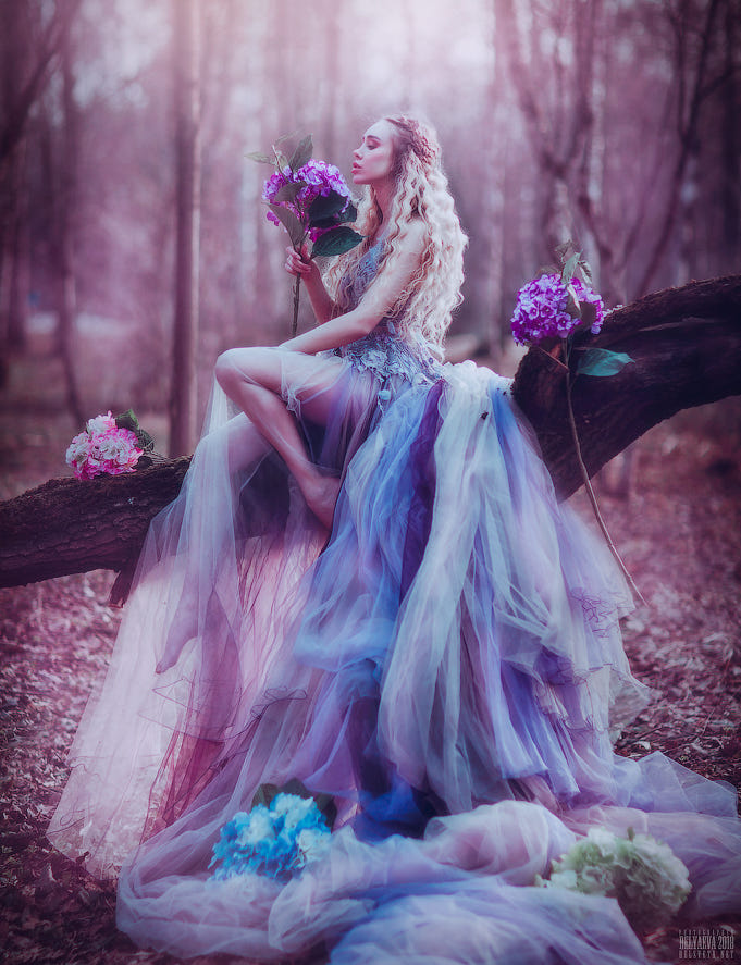 Фото Девушка в платье цвета гортензий с этими цветами сидит на стволе упавшего дерева, фотограф Светлана Беляева