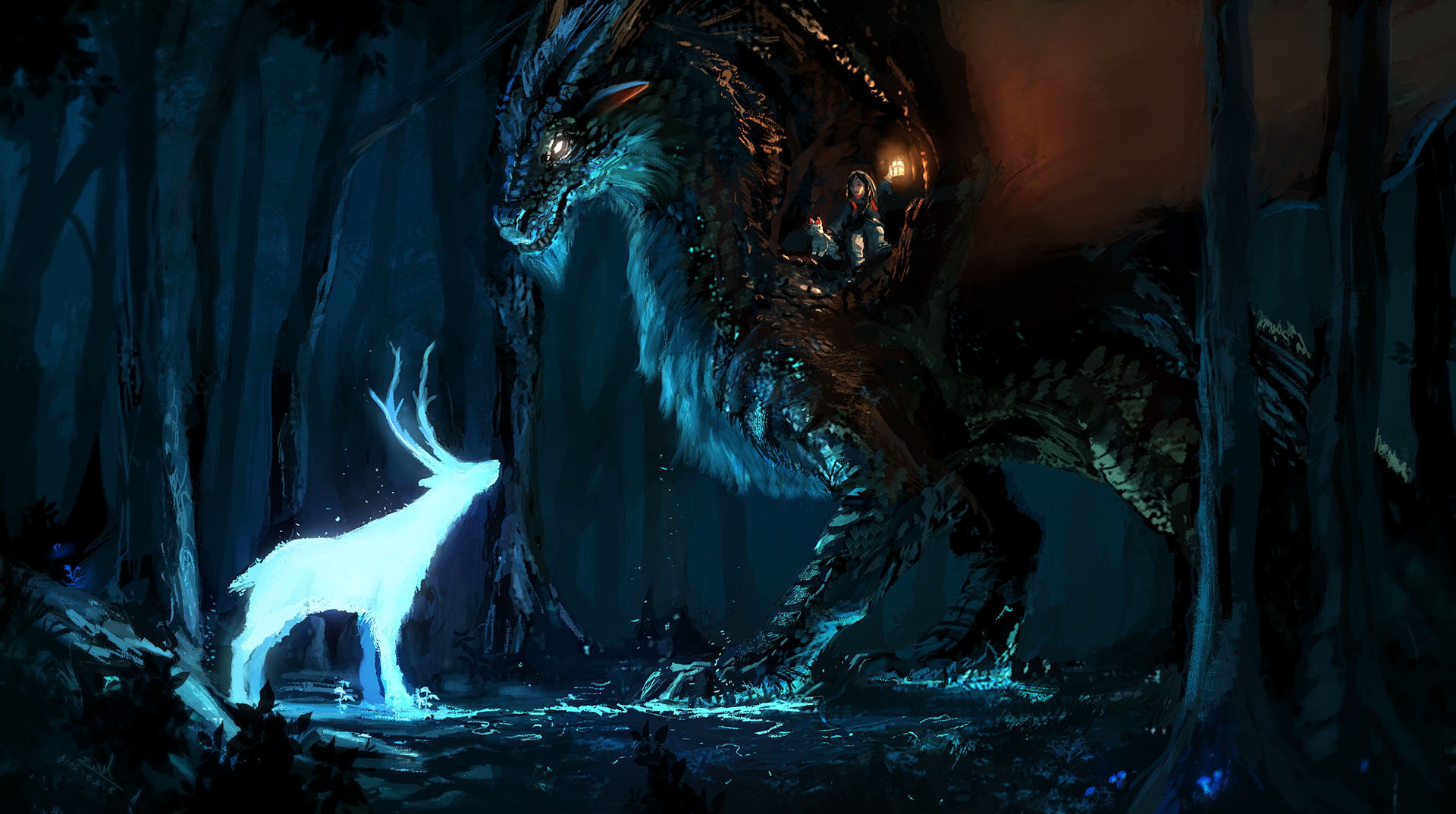Фото Дух леса стоит перед драконом, на котором сидит девочка с собачкой, by RhexFiremind