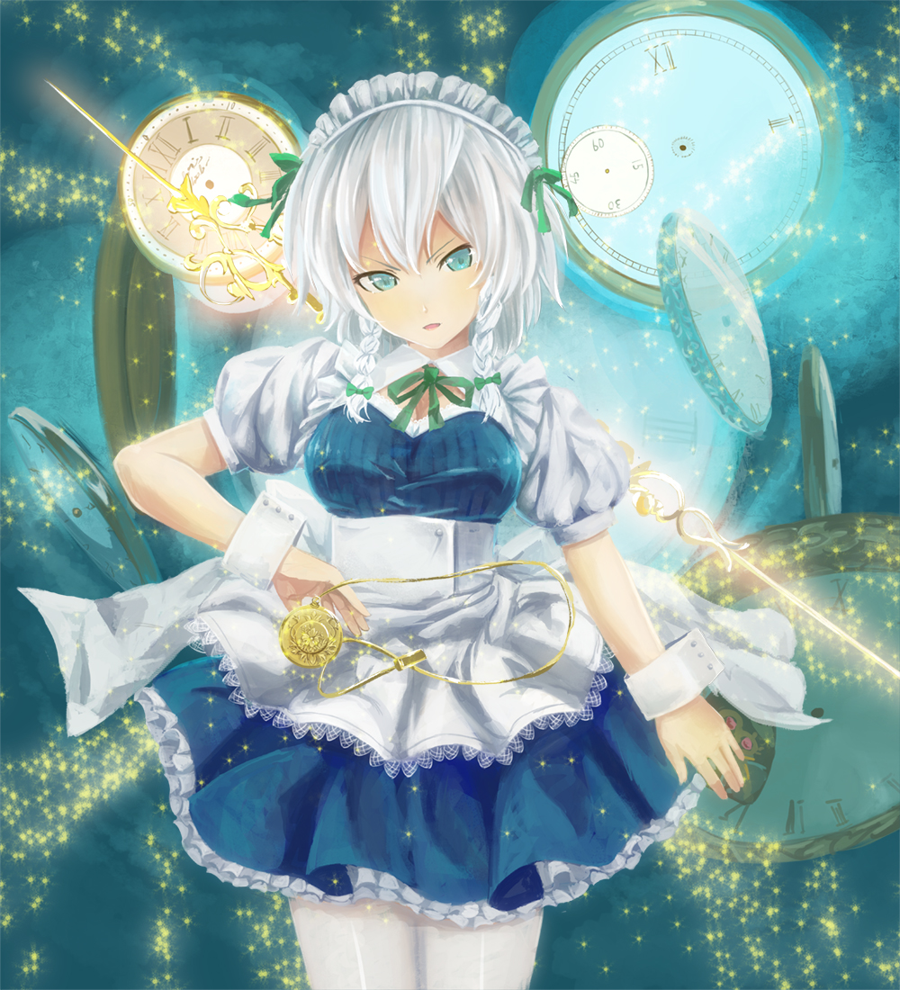 Фото Сакуя Изаеи / Sakuya Izayoi на фоне циферблатов из серии игр и аниме Тохо / Touhou Project / Проект Восток, by Kinoto