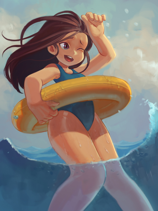 Фото Девочка в синем купальнике с желтым кругом стоит по колено в воде, by exelixi